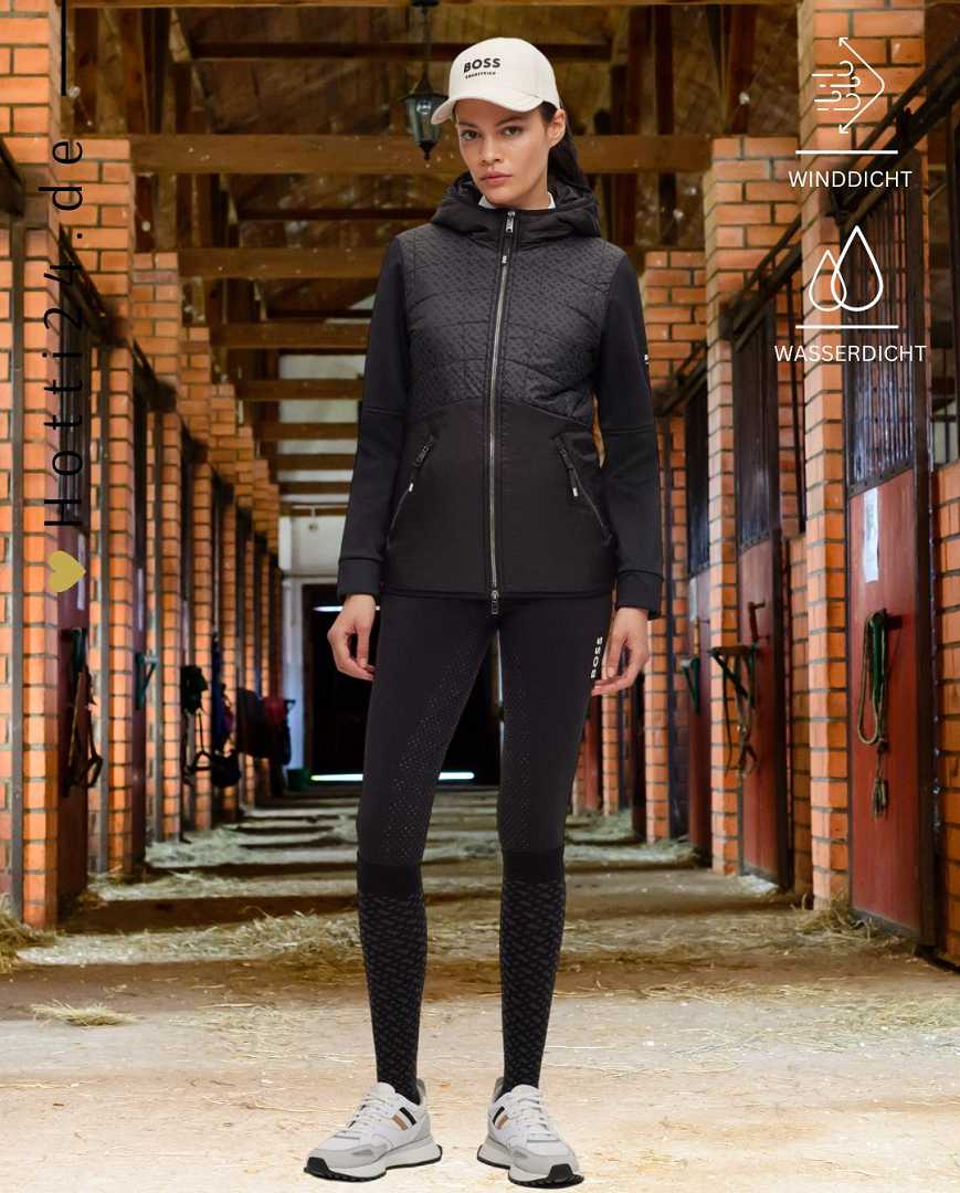 Die Datei beinhaltet Informationen über eine Damenjacke mit dem Namen "Bruna Performance" von der Marke BOSS. Die Jacke ist winddicht und wasserdicht. Die Artikelnummer lautet B1W1403-001, und die Jacke ist in der Farbe Schwarz erhältlich. Sie kann auf der Website www.hotti24.de erworben werden.