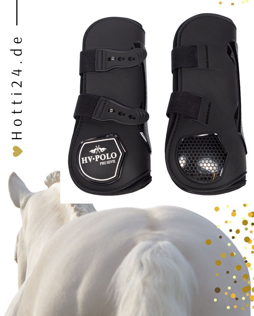 Die vorliegende Datei enthält Informationen über die HV POLO Pferde Gamaschen "Pro Hive" in der Farbe Schwarz mit der Artikelnummer 2802093505-9000. Diese Gamaschen wurden speziell für Pferde entwickelt, um ihnen Schutz während des Trainings oder Reitens zu bieten. Sie können diese Pferde Gamaschen auf der Website www.Hotti24.de erwerben.