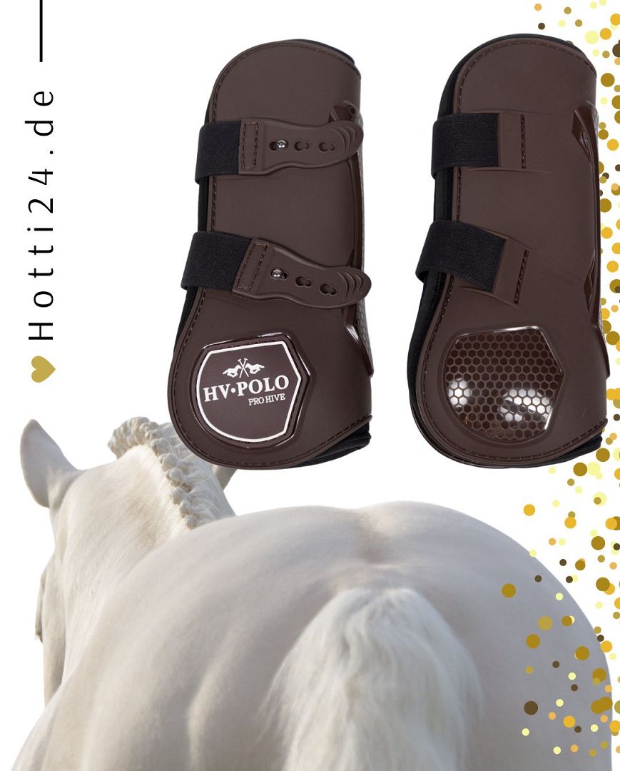 Die vorliegende Datei enthält Informationen über die HV POLO Pferde Gamaschen "Pro Hive" in der Farbe Braun mit der Artikelnummer 2802093505-8000. Diese Gamaschen wurden speziell für Pferde entwickelt, um ihnen Schutz während des Trainings oder Reitens zu bieten. Sie können diese Pferde Gamaschen auf der Website www.Hotti24.de erwerben.