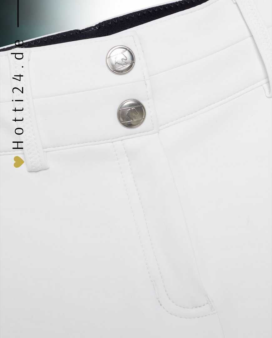 Damen-Reithose von Tommy Hilfiger mit der Bezeichnung "Geneva Fullgrip TH08WFBR464-001" in der Farbe Weiß. Diese Reithose ist auf der Webseite www.hotti24.de erhältlich. Die Hose wurde speziell für Damen entworfen und verfügt über Fullgrip-Elemente, die zusätzlichen Halt während des Reitens bieten sollen.