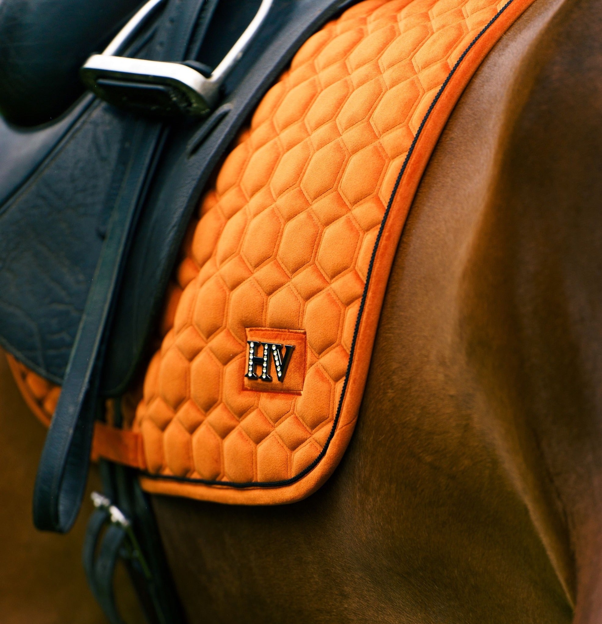 Pferde Dressurschabracke "Dorian" von HV POLO in der Farbe Orange mit der Artikelnummer 0802093510-3087. Diese Dressurschabracke wurde speziell entwickelt, um Ihrem Pferd während der Dressur einen eleganten und komfortablen Sitz zu bieten. Sie können diese Pferde Dressurschabracke auf der Website www.hotti24.de erwerben