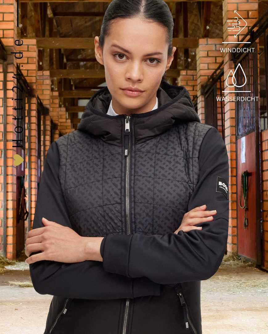 Die Datei beinhaltet Informationen über eine Damenjacke mit dem Namen "Bruna Performance" von der Marke BOSS. Die Jacke ist winddicht und wasserdicht. Die Artikelnummer lautet B1W1403-001, und die Jacke ist in der Farbe Schwarz erhältlich. Sie kann auf der Website www.hotti24.de erworben werden.