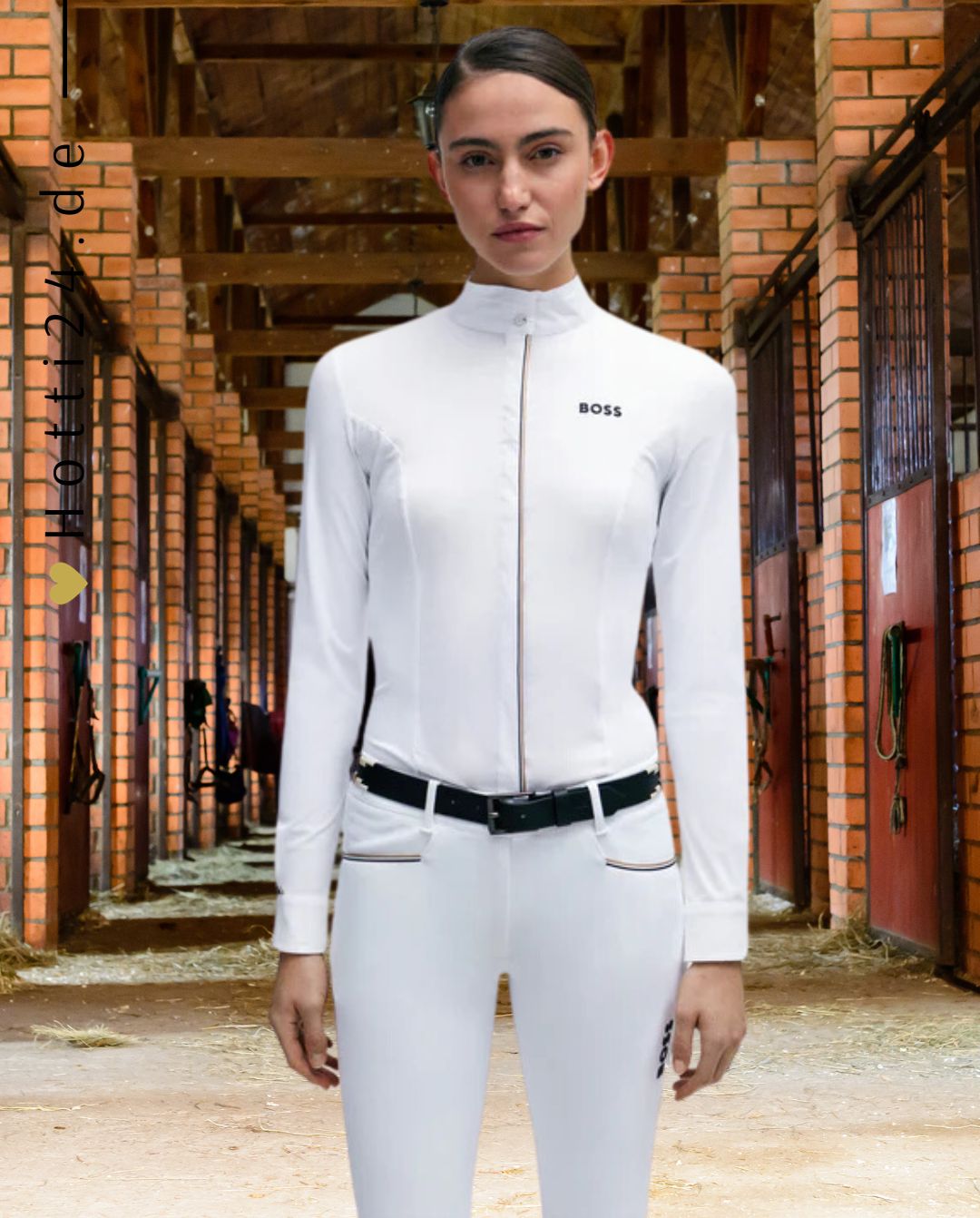 BOSS Equestrian »Damen Turnierbluse Emma Weiß Frühling / Sommer, besticht durch ihre raffinierte Gestaltung. Mit einer Signature Stripe Paspelierung entlang der Knopfleiste und einem Mittelteil aus Cotton Stretch Artikelnummer b3w0401-100 erhältlich bei www.Hotti24.de