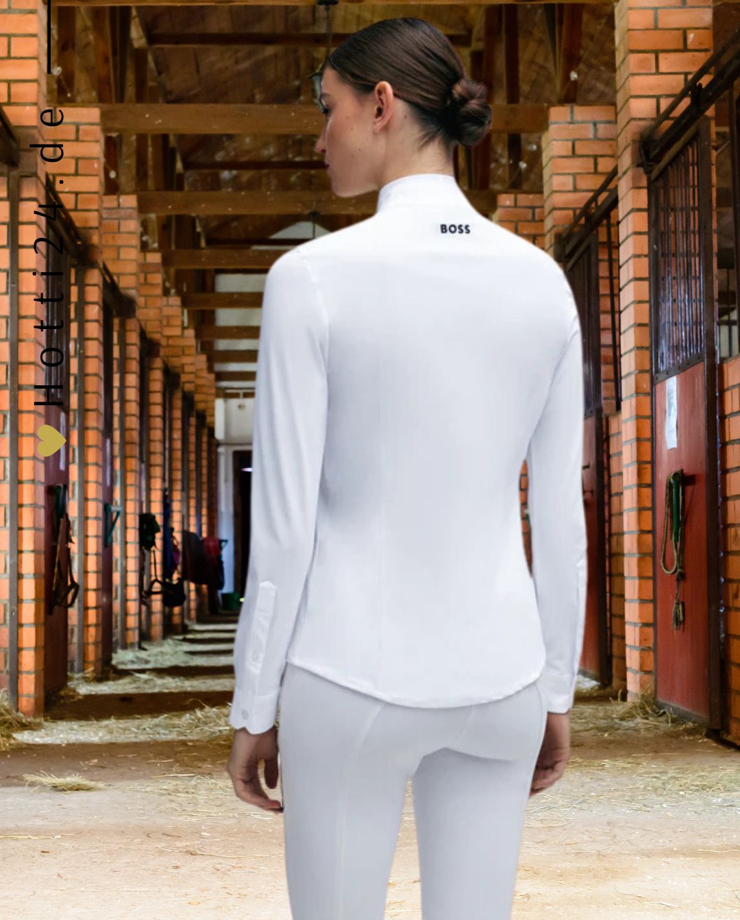 BOSS Equestrian »Damen Turnierbluse Emma Weiß Frühling / Sommer, besticht durch ihre raffinierte Gestaltung. Mit einer Signature Stripe Paspelierung entlang der Knopfleiste und einem Mittelteil aus Cotton Stretch Artikelnummer b3w0401-100 erhältlich bei www.Hotti24.de