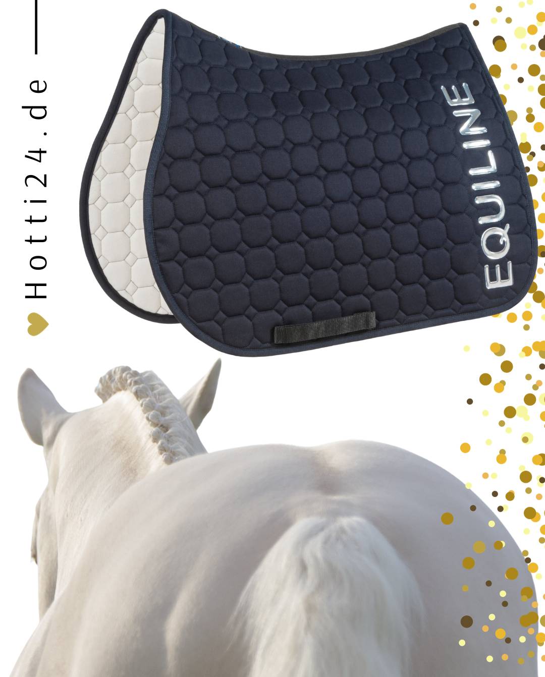 Springschabracke "Caphec" für Pferde von EQUILINE. Diese Schabracke ist in der Farbe Blau erhältlich und trägt die Artikelnummer EW123PB11288-002. Die "Caphec" Springschabracke wurde speziell entwickelt, um Ihrem Pferd während des Springreitens Komfort und Schutz zu bieten. Sie haben die Möglichkeit, die Schabracke von vorne, von der Seite und von hinten zu betrachten, um einen umfassenden Eindruck zu erhalten. Sie können diese Springschabracke auf der Website www.hotti24.de erwerben