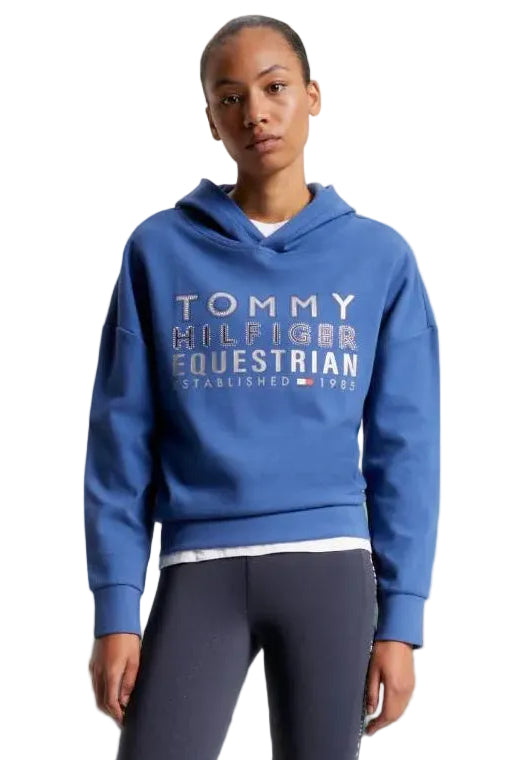 Damen-Hoodie von Tommy Hilfiger mit der Bezeichnung "Hoodie Paris TH08WHOO441-041" in der Farbe Blau. Dieser Hoodie ist auf der Webseite www.hotti24.de erhältlich. Er wurde speziell für Damen entworfen, um sowohl Stil als auch Komfort zu bieten.  Zusätzlich sind in der Datei Bilder des Hoodies aus verschiedenen Blickwinkeln enthalten: von vorne, von der Seite und von hinten. 