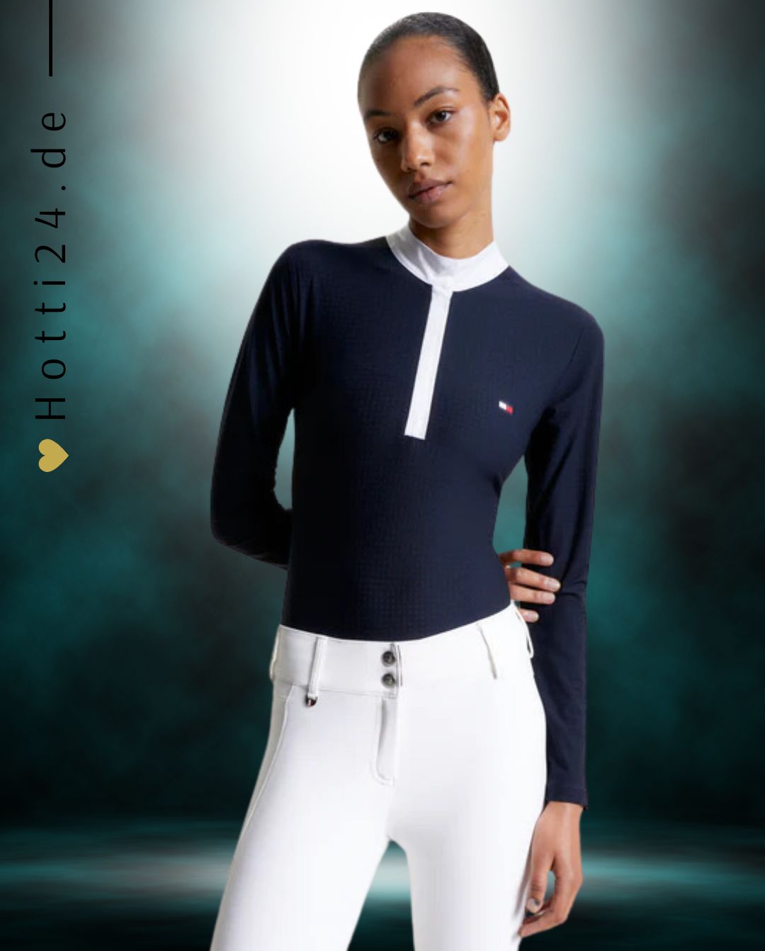 Tommy Hilfiger Equestrian® »Damen Turniershirt Chelsea Blau Langarm, aus einem 4-Wege-Stretchmaterial mit dezenter Textur, das Sie kühl und trocken hält, wenn es darauf ankommt, und einem schicken Stehkragen mit Druckknopfverschluss Artikelnummer th13wsls758-004 erhältlich bei www.Hotti24.de